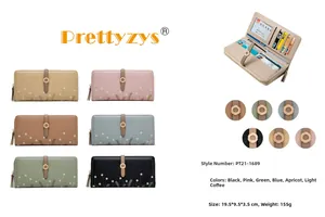Detailed views of floral print long wallets showing zipper closure and card slots
