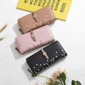 Chic floral print long wallets for women with metal ring buckle in three elegant colors