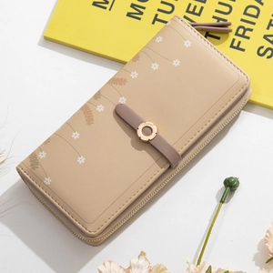 Long Wallet For Women PU Leather Floral Print Zipper Clutch Card Holder Korean Style Multi Slot Elegant