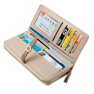 Detail view of the beige long wallet interior featuring card slots and ID window compartment