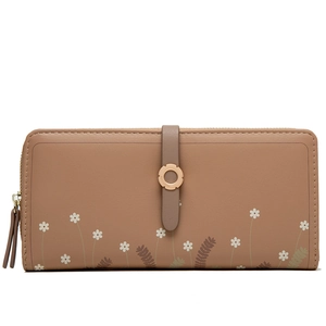 Detail view of long brown PU leather wallet featuring white daisy prints and gold metal ring