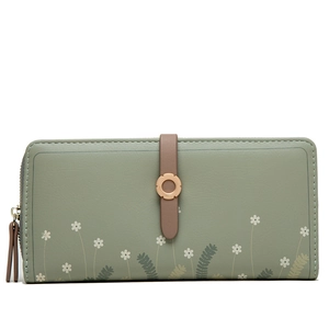 Detail of floral printed long wallet featuring a metal ring buckle and smooth zipper