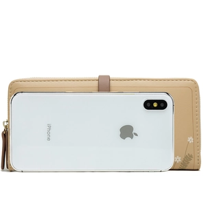 Long floral PU leather wallet size comparison next to a smartphone device