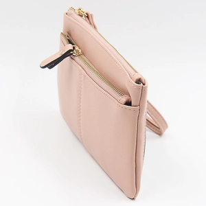Pochette téléphone en cuir PU rose nude avec double fermeture éclair et dragonne