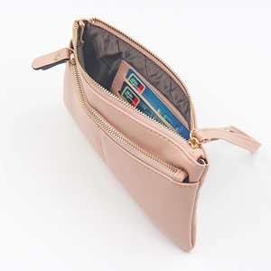 Sacoche tactile rose en cuir PU avec double fermeture éclair et fentes pour cartes