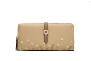Detail of floral printed long wallet with daisy patterns and rose gold metal clasp