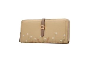 Detail of khaki floral long wallet featuring metal flower buckle and zipper closure