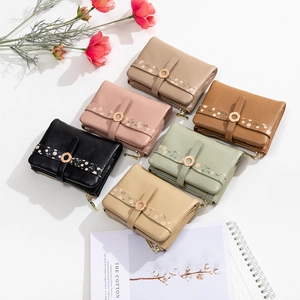 Short PU leather floral print wallets for women in six colors with gold ring buckle