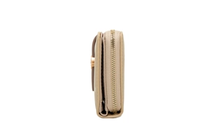 Side view of long beige PU leather wallet showing gold zipper and accordion structure