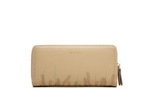 Detail of beige long wallet with floral print and premium zip-around metal closure