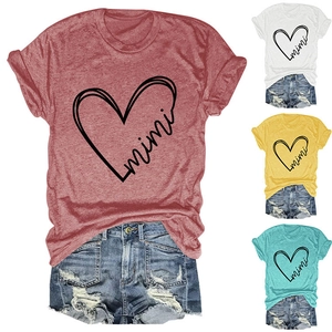 Detail of mimi heart print round neck t-shirt in multiple colors with distressed denim shorts