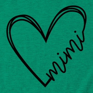 Close-up of green cotton t-shirt fabric featuring a black heart and mimi text print