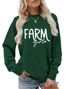 Detail of deep green round neck sweatshirt with white Farm Girl printed lettering