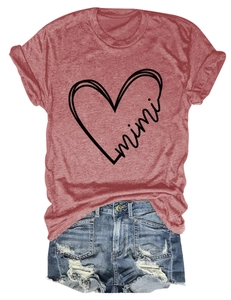Detailed flat lay of mimi heart print knit t-shirt with distressed denim shorts