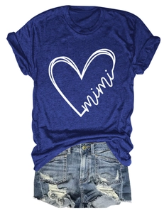 Detail of royal blue T-shirt with white mimi heart print and distressed denim shorts
