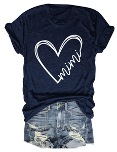 Detail of navy blue crew neck T-shirt featuring mimi heart print with denim shorts