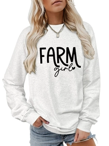 Detail of Farm Girl script print and ribbed cuffs on heather white sweatshirt