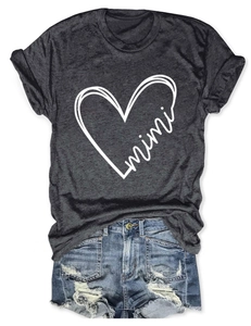 Flat lay of dark gray Mimi heart print cotton T-shirt with frayed denim shorts