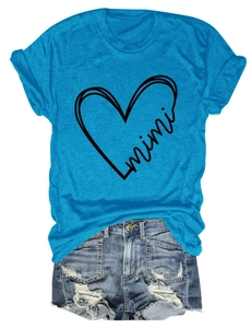Detail of lake blue t-shirt with mimi heart print paired with frayed denim shorts