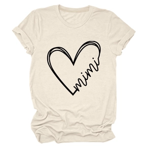 Detail of mimi heart print on cream crewneck short sleeve T-shirt for women