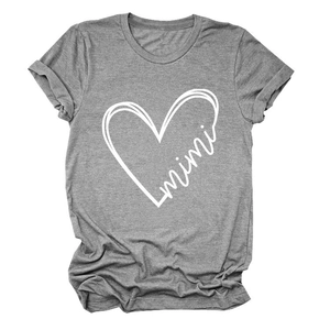 Detail of grey crewneck T-shirt with white mimi heart print and rolled sleeve cuffs