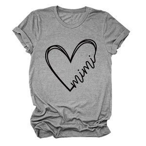 Detail of grey crewneck T-shirt with heart mimi graphic and rolled cuff sleeves