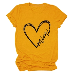 Detail of mimi heart print and rolled cuffs on mustard yellow crew neck t-shirt