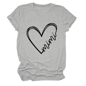 Detail of grey crewneck T-shirt showing mimi heart print and jersey knit texture