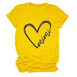 Detail of soft yellow cotton T-shirt featuring a mimi heart graphic print and crew neckline