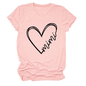 Detailed view of pink cotton T-shirt featuring black heart and mimi print design