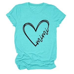 Close-up of heart print with mimi text on a teal crew neck T-shirt with folded sleeves