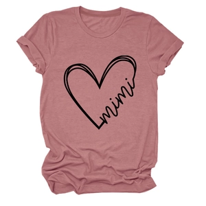 Detailed close-up of mimi heart print on dusty pink crew neck cotton t-shirt