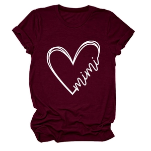 Detail of wine red cotton T-shirt featuring a mimi heart graphic and round neckline