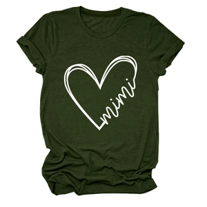 Close-up of white heart and mimi script print on a dark green cotton t-shirt fabric