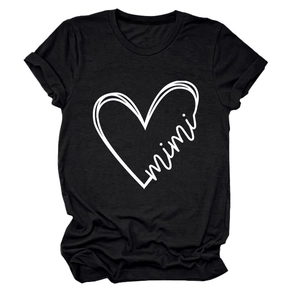 Detail of soft cotton fabric and white mimi heart print on black crew neck t-shirt