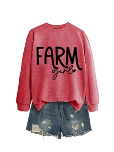 Pink crewneck sweatshirt with Farm Girl print and distressed blue denim shorts set