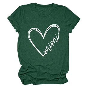 Detail of dark green marl t-shirt featuring white heart and mimi text print