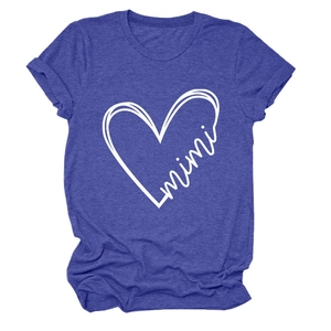 Detail of mimi heart print and heathered texture on dark blue crew neck T-shirt