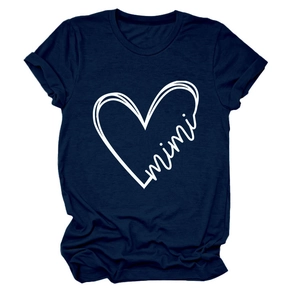 Detail of navy blue cotton t-shirt with white mimi heart print and classic crew neckline
