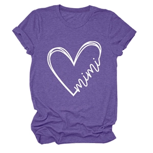 Close-up of purple heather texture and heart mimi print on a women's crew neck t-shirt