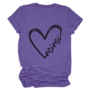 Close-up of heather purple t-shirt featuring mimi heart graphic and rolled sleeve detail