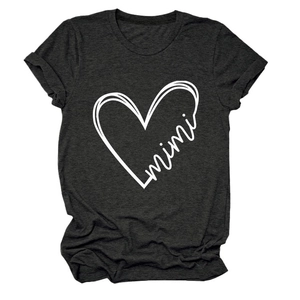 Detail of mimi heart print on charcoal gray cotton t-shirt with crew neck for women