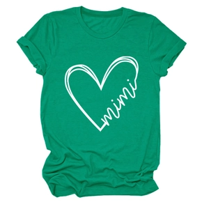 Detailed view of the vibrant green cotton t-shirt featuring mimi heart graphic print