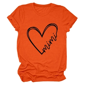 Detail of orange cotton T-shirt featuring a mimi heart graphic and rolled sleeve cuffs