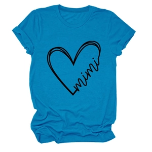 Close-up of bright blue cotton t-shirt featuring a black heart mimi print and round neck