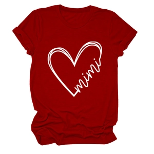 Detail of mimi heart print on dark red crew neck cotton t-shirt with flat lay view