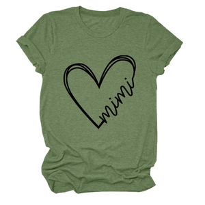 Grass green short sleeve T-shirt with mimi heart print on a white background
