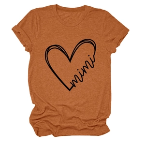 Close-up of rust red cotton t-shirt fabric texture and mimi heart printed graphic