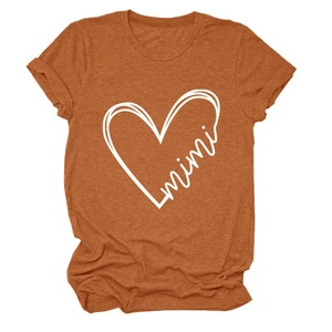 Close-up of rust red crew neck T-shirt with white mimi heart print detail