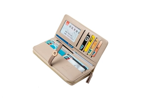 Interior view of beige leather long wallet showing multi-card slots and photo holder